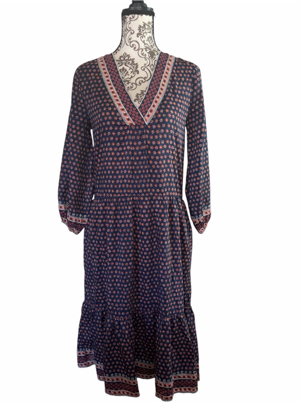 Trovata birds of paradis Navy Floral V-Neck Tiered Long Sleeve Midi Dress